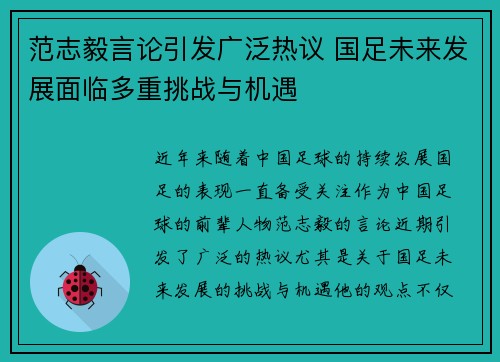 范志毅言论引发广泛热议 国足未来发展面临多重挑战与机遇