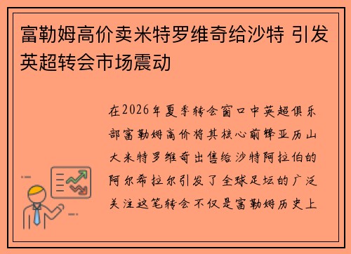 富勒姆高价卖米特罗维奇给沙特 引发英超转会市场震动